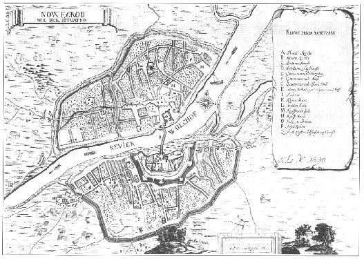 Slightly dodgy 1745 map of Novgorod the Great (ACTUAL north is at the south-west point of the pretty compass...) - click to view full-size