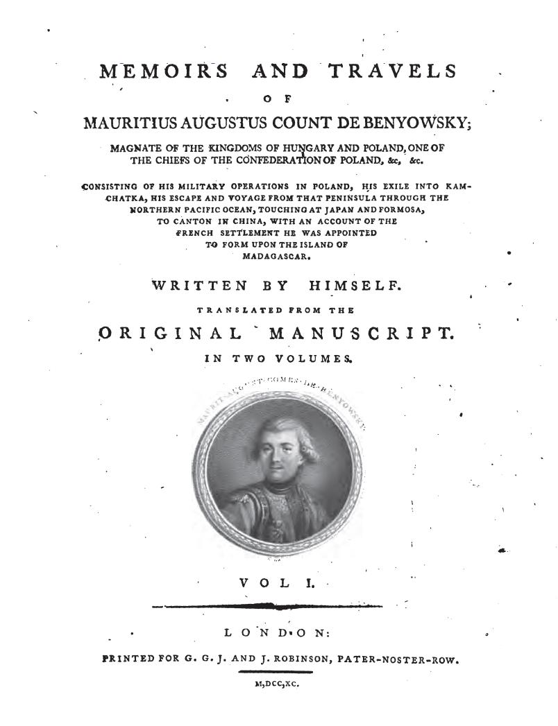 The cover of the 1790 London edition of Benyovszky's 'Memoirs'