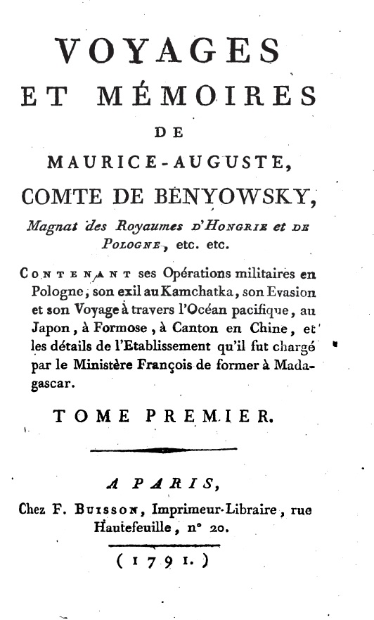 The cover of the 1791 French edition of Benyovszky's 'Memoirs