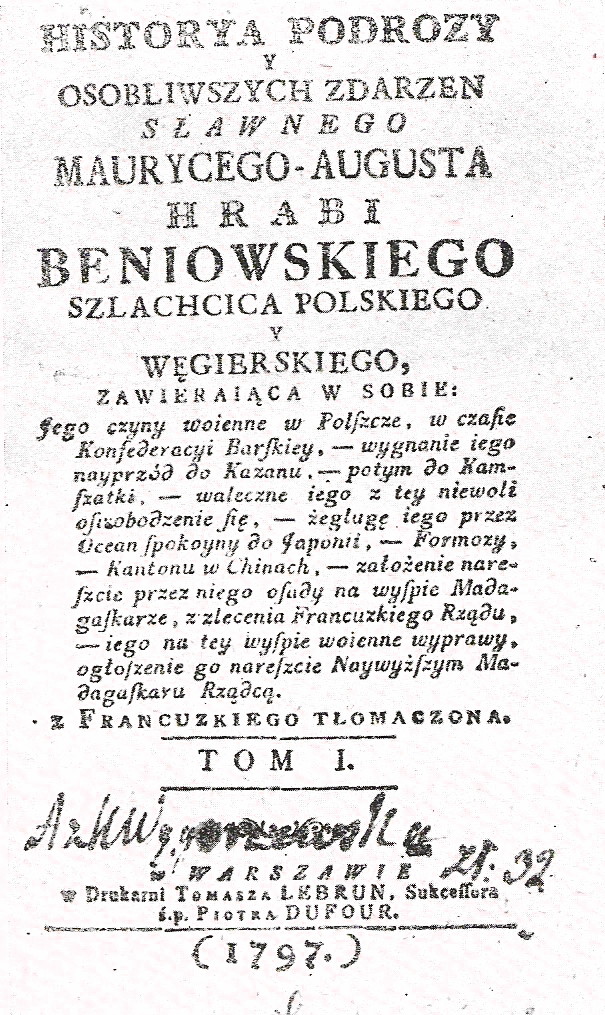 The cover of the 1797 Polish edition of Benyovszky's 'Memoirs