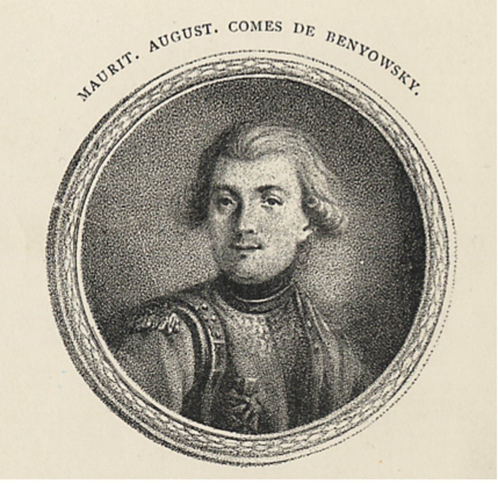 A miniature portrait of Benyovszky, as printed in the 1790 edition of his 'Memoirs' (1790)