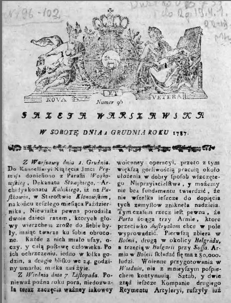 Warsaw news-sheet, 'Gazeta Warszawski' 1787
