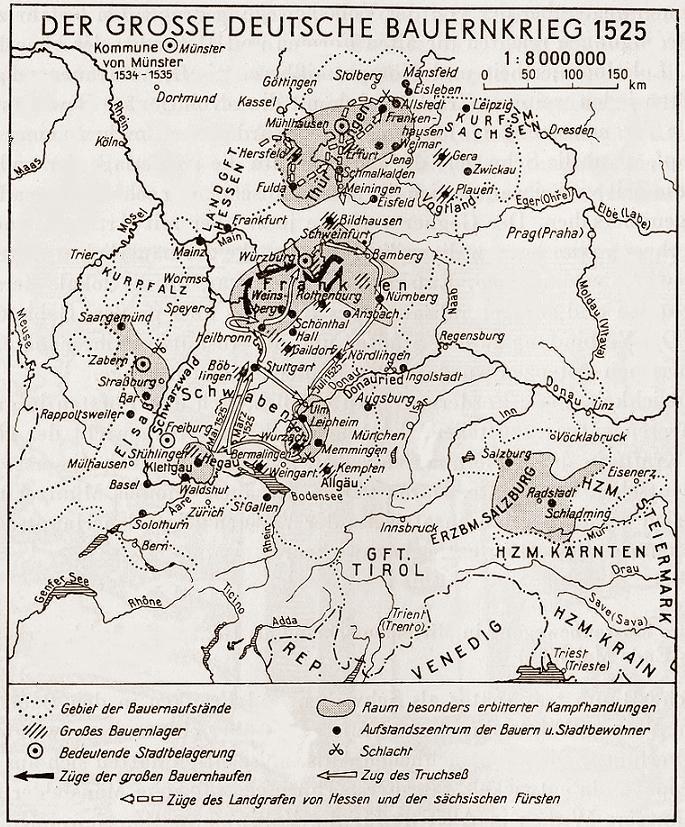 This map indicates the main theatres of the whole South German 'Peasants` War.'