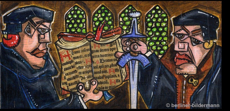 A cartoon image of Luther and Müntzer by the Berlin artist, Stefan Klausewitz.  <br>For more information on image and artist, see the section on the artist in the underlying web-page...